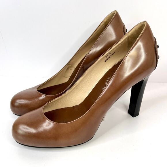 Tod's Size 5 (EU 35.5) Brown Leather 3.5 Heels With Black Studs Back of Heels - Picture 5 of 16